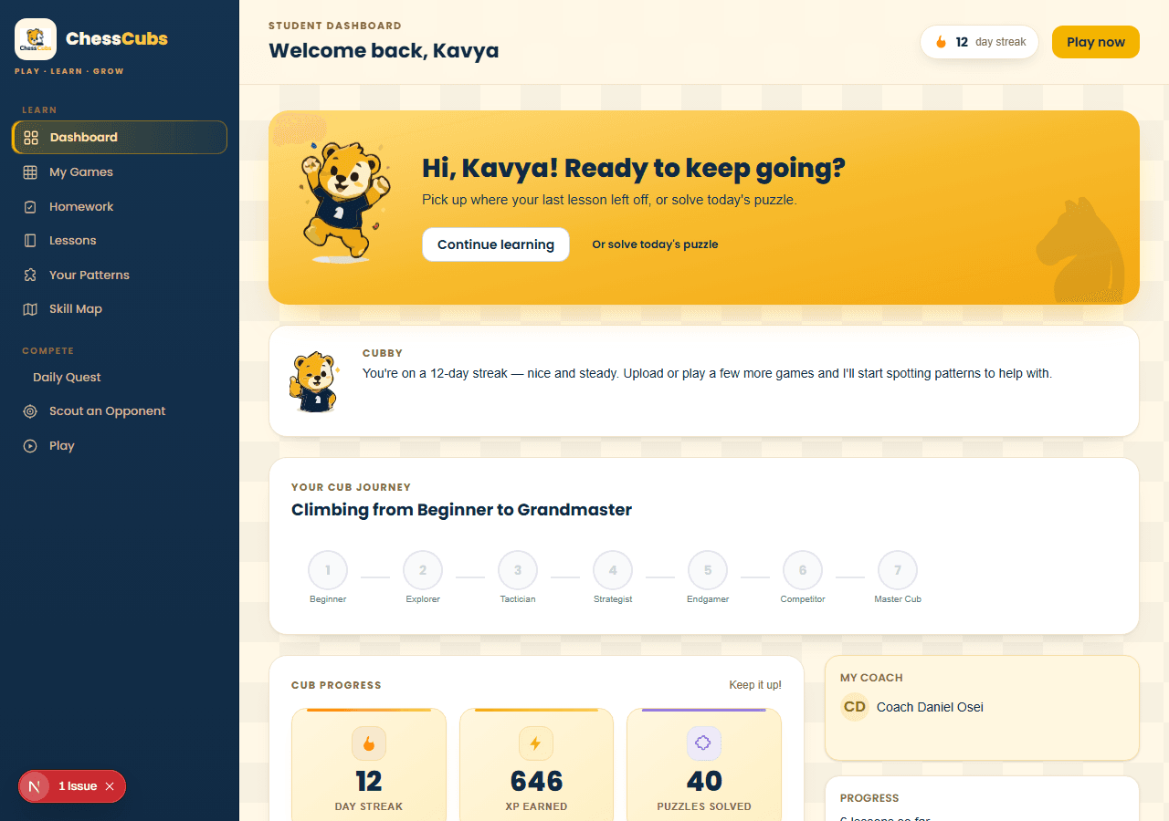 ChessCubs student dashboard